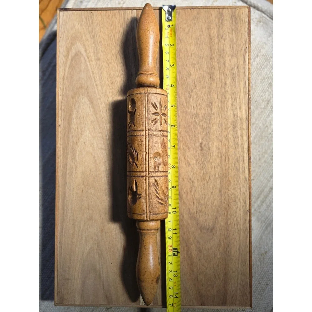 Vintage Hand Carved Wooden Springerle Rolling Pin Owl Star Folk Art Cookie Stamp